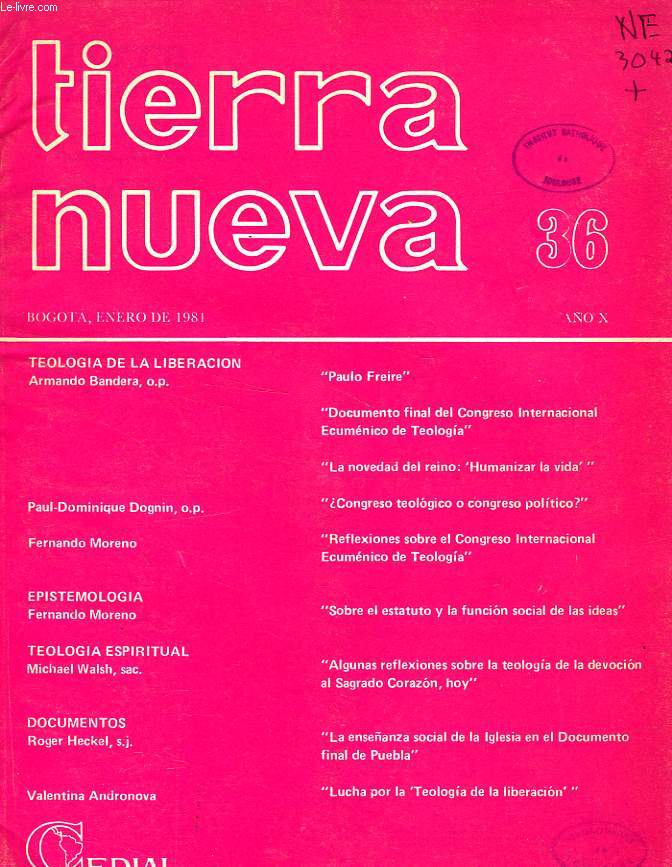 TIERRA NUEVA, AO X, N 36, ENERO 1981, ESTUDIOS SOCIO-TEOLOGICOS EN AMERICA LATINA