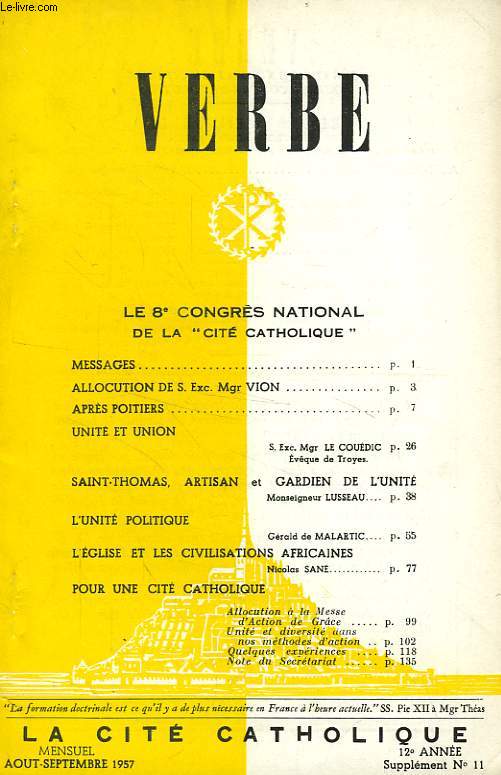 VERBE, 12e ANNEE, SUPPLEMENT N 11, AOUT-SEPT. 1957