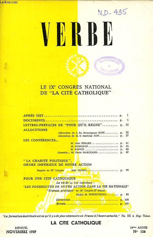 VERBE, 14e ANNEE, N 106, NOV. 1959