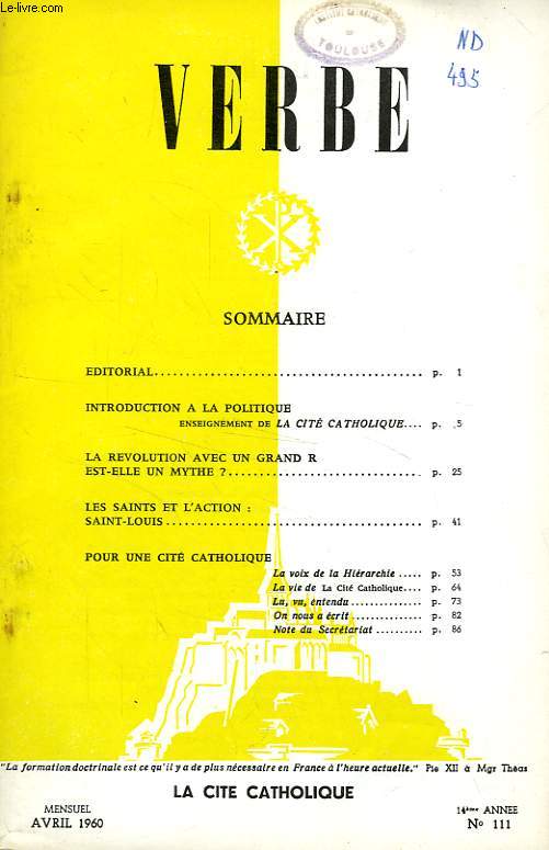 VERBE, 14e ANNEE, N 111, AVRIL 1960