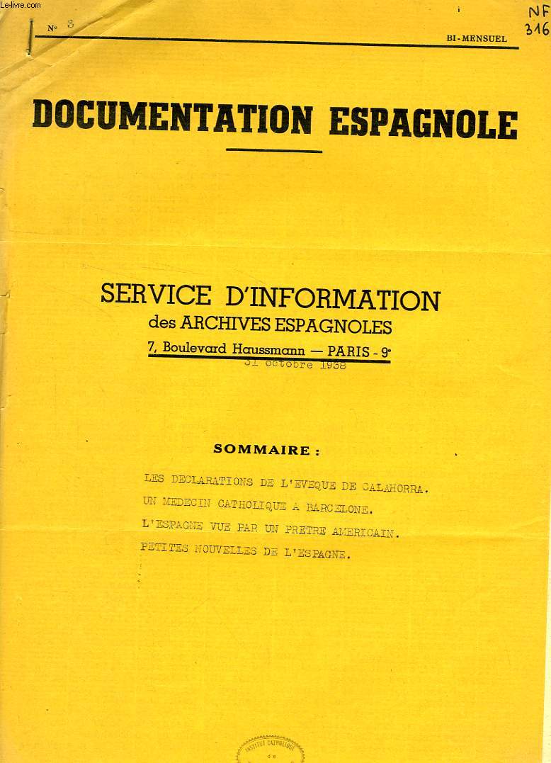 DOCUMENTATION ESPAGNOLE, N 3, OCT. 1938