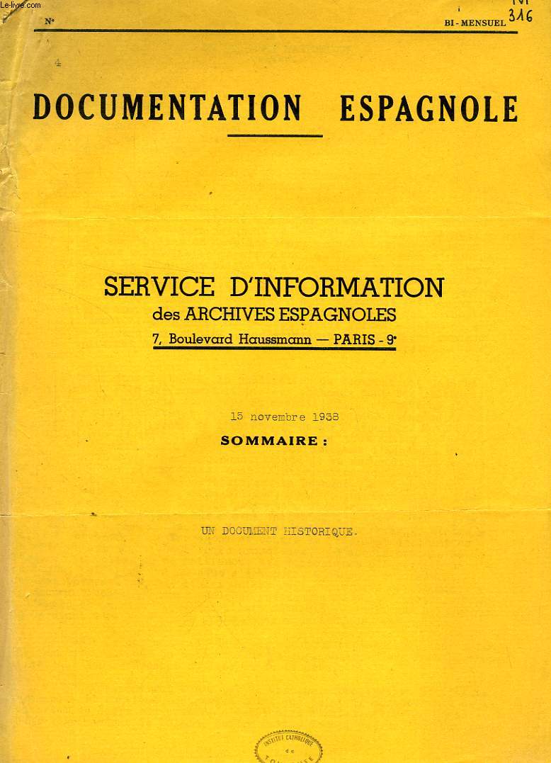 DOCUMENTATION ESPAGNOLE, N 4, NOV. 1938