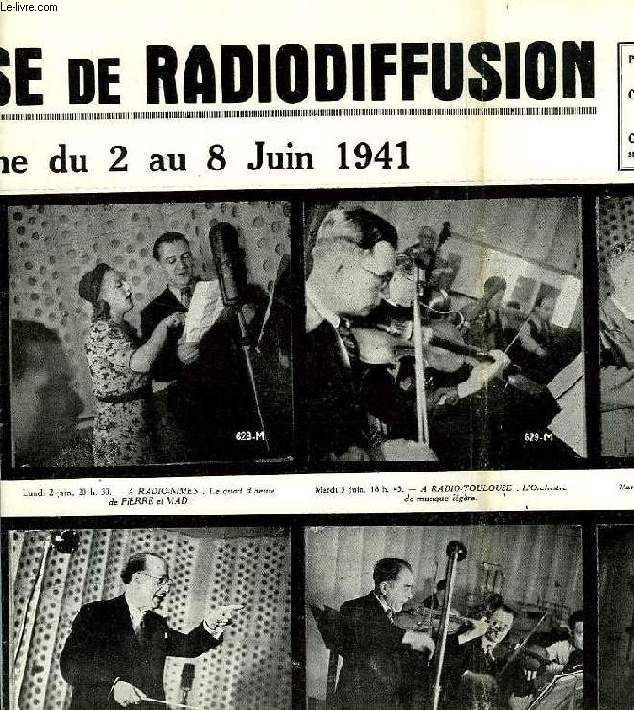 FEDERATION FRANCAISE DE RADIODIFFUSION, PROGRAMMES DE LA SEMAINE DU 2 AU 8 JUIN 1941
