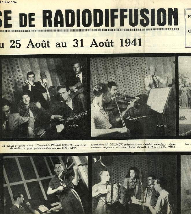 FEDERATION FRANCAISE DE RADIODIFFUSION, PROGRAMMES DE LA SEMAINE DU 25 AU 31 AOUT 1941