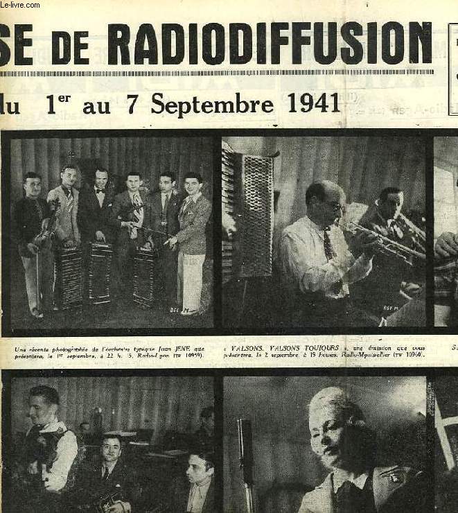 FEDERATION FRANCAISE DE RADIODIFFUSION, PROGRAMMES DE LA SEMAINE DU 1er AU 7 SEPT. 1941