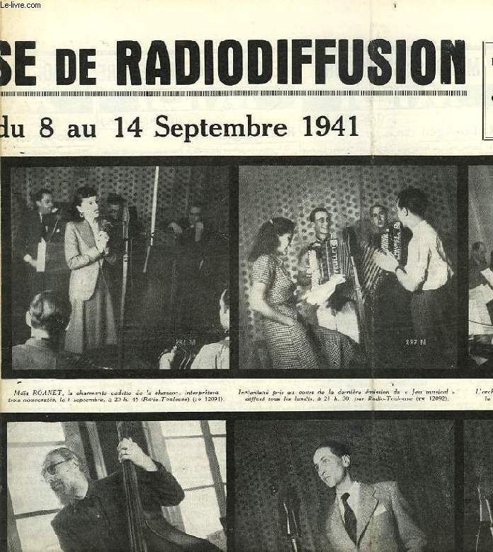 FEDERATION FRANCAISE DE RADIODIFFUSION, PROGRAMMES DE LA SEMAINE DU 8 AU 14 SEPT. 1941