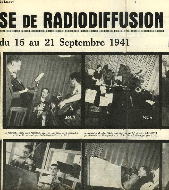 FEDERATION FRANCAISE DE RADIODIFFUSION, PROGRAMMES DE LA SEMAINE DU 15 AU 21 SEPT. 1941