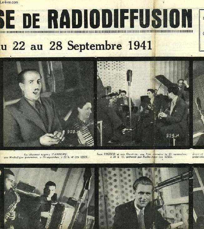 FEDERATION FRANCAISE DE RADIODIFFUSION, PROGRAMMES DE LA SEMAINE DU 22 AU 28 SEPT. 1941