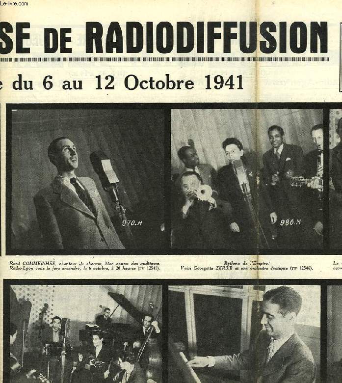 FEDERATION FRANCAISE DE RADIODIFFUSION, PROGRAMMES DE LA SEMAINE DU 6 AU 12 OCT. 1941