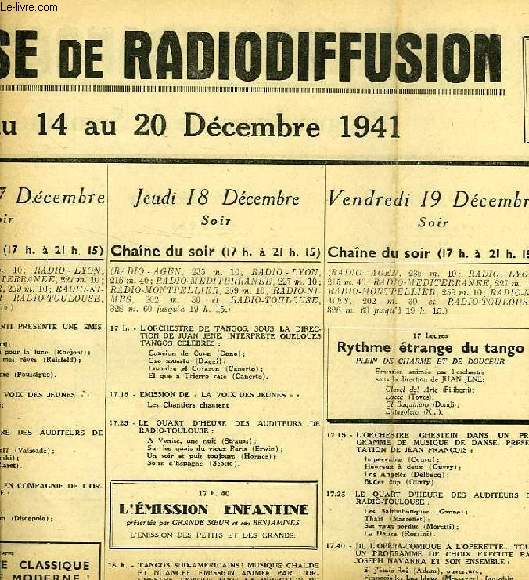 FEDERATION FRANCAISE DE RADIODIFFUSION, PROGRAMMES DE LA SEMAINE DU 14 AU 20 DEC. 1941