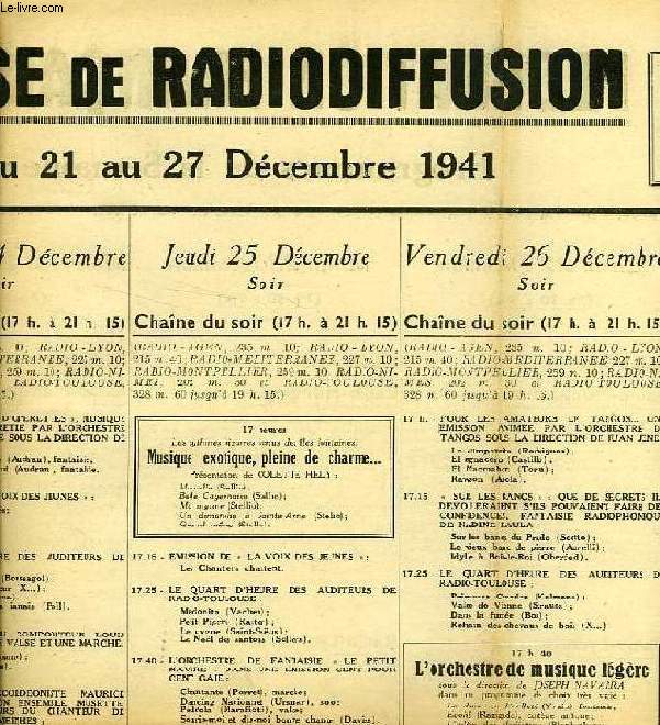 FEDERATION FRANCAISE DE RADIODIFFUSION, PROGRAMMES DE LA SEMAINE DU 21 AU 27 DEC. 1941