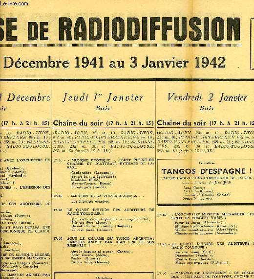 FEDERATION FRANCAISE DE RADIODIFFUSION, PROGRAMMES DE LA SEMAINE DU 28 DEC. 1941 AU 3 JAN. 1942