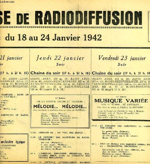 FEDERATION FRANCAISE DE RADIODIFFUSION, PROGRAMMES DE LA SEMAINE DU 18 AU 24 JAN. 1942