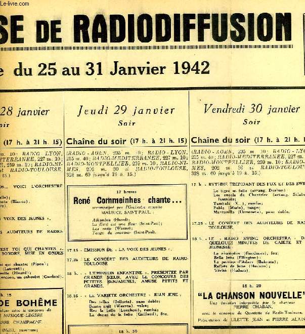 FEDERATION FRANCAISE DE RADIODIFFUSION, PROGRAMMES DE LA SEMAINE DU 25 AU 31 JAN. 1942