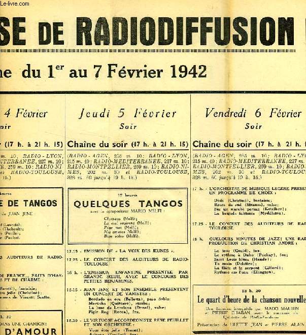 FEDERATION FRANCAISE DE RADIODIFFUSION, PROGRAMMES DE LA SEMAINE DU 1er AU 7 FEV. 1942