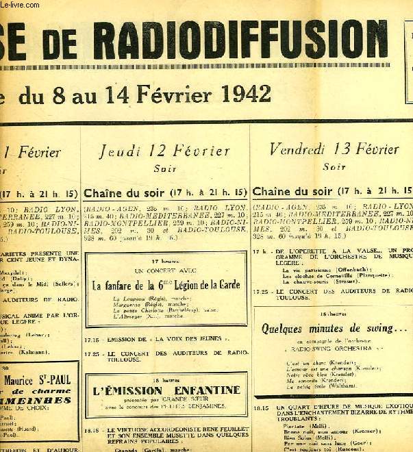 FEDERATION FRANCAISE DE RADIODIFFUSION, PROGRAMMES DE LA SEMAINE DU 8 AU 14 FEV. 1942