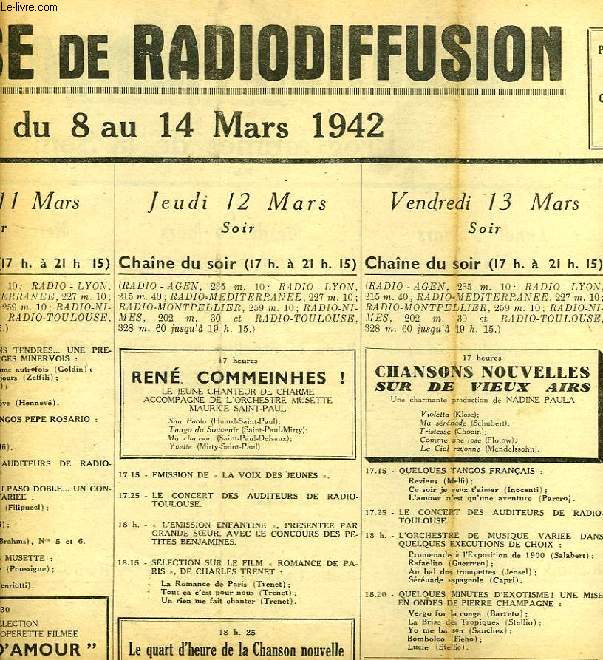 FEDERATION FRANCAISE DE RADIODIFFUSION, PROGRAMMES DE LA SEMAINE DU 8 AU 14 MARS 1942