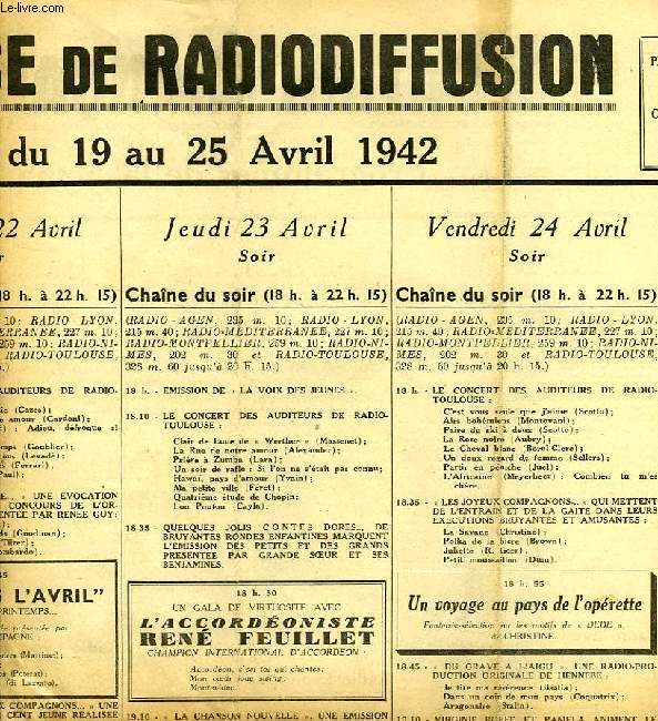 FEDERATION FRANCAISE DE RADIODIFFUSION, PROGRAMMES DE LA SEMAINE DU 19 AU 25 AVRIL 1942