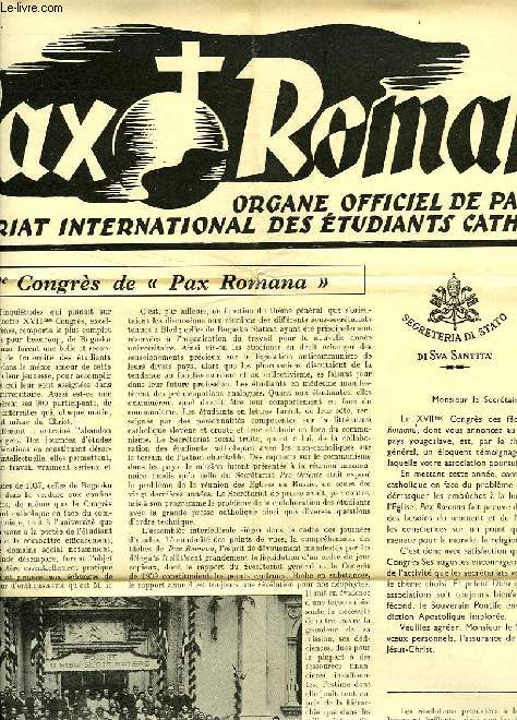 PAX ROMANA, ANNEE IV, N 1, NOV. 1938, ORGANE OFFICIEL DE PAX ROMANA, SECRETARIAT INTERNATIONAL DES ETUDIANTS CATHOLIQUES