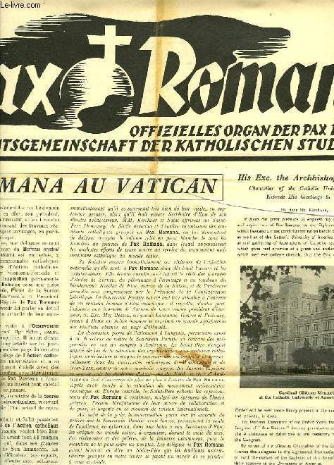 PAX ROMANA, JAHR IV., Nr. 6, APRIL 1939, OFFIZIELLES ORGAN DER PAX ROMANA, WELT-ARBEITSGEMEINSCHAFT DER KATHOLISCHEN STUDENTEN