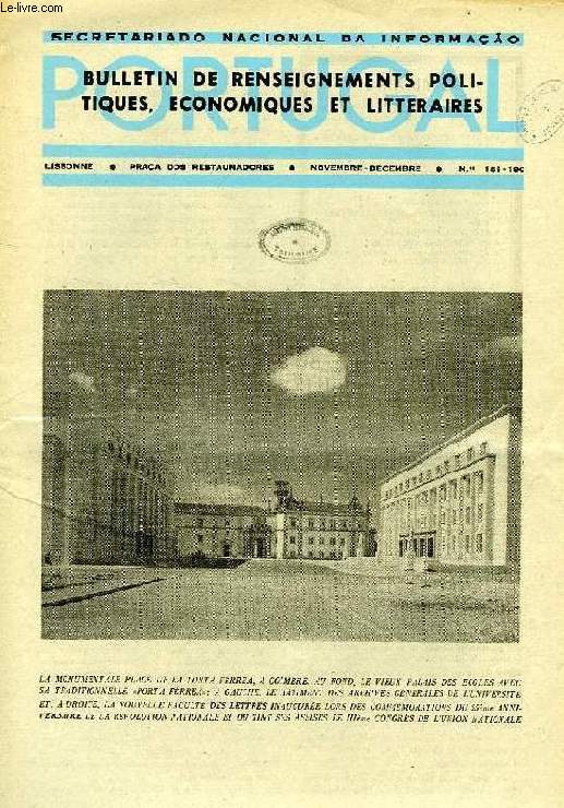 PORTUGAL, N 189-190, NOV.-DEC. 1951, BULLETIN DE RENSEIGNEMENTS POLITIQUES, ECONOMIQUES ET LITTERAIRES