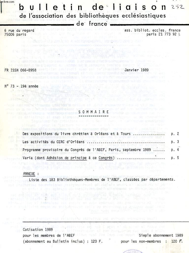 BULLETIN DE LIAISON DE L'ASSOCIATION DES BIBLIOTHEQUES ECCLESIASTIQUES DE FRANCE, 1989-1998, 36 NUMEROS