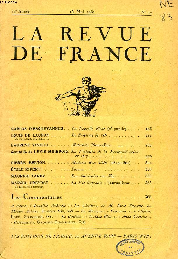 LA REVUE DE FRANCE, 11e ANNEE, N° 10, MAI 1931