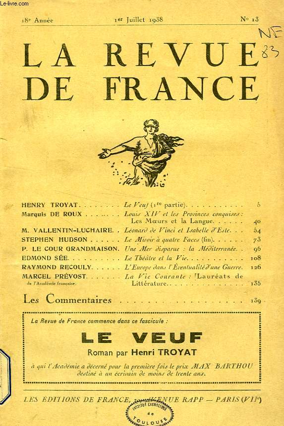LA REVUE DE FRANCE, 18e ANNEE, N 13, JUILLET 1931