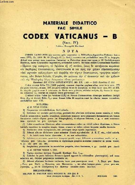 MATERIALE DICATTICO, FAC SIMILE CODEX VATICANUS - B