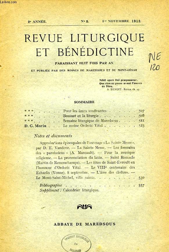 REVUE LITURGIQUE & BENEDICTINE, IIe SERIE, 2e ANNEE, N 8, NOV. 1912