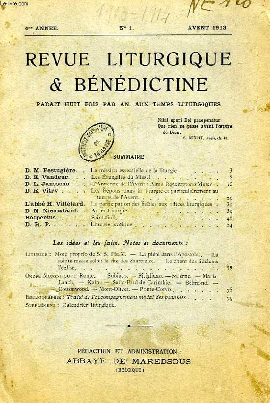 REVUE LITURGIQUE & BENEDICTINE, IIe SERIE, 4e ANNEE, N 1, AVANT 1913