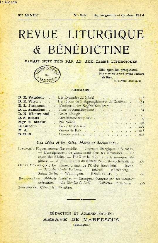 REVUE LITURGIQUE & BENEDICTINE, IIe SERIE, 4e ANNEE, N 3-4, SEPTUAGESIME ET CAREME 1914