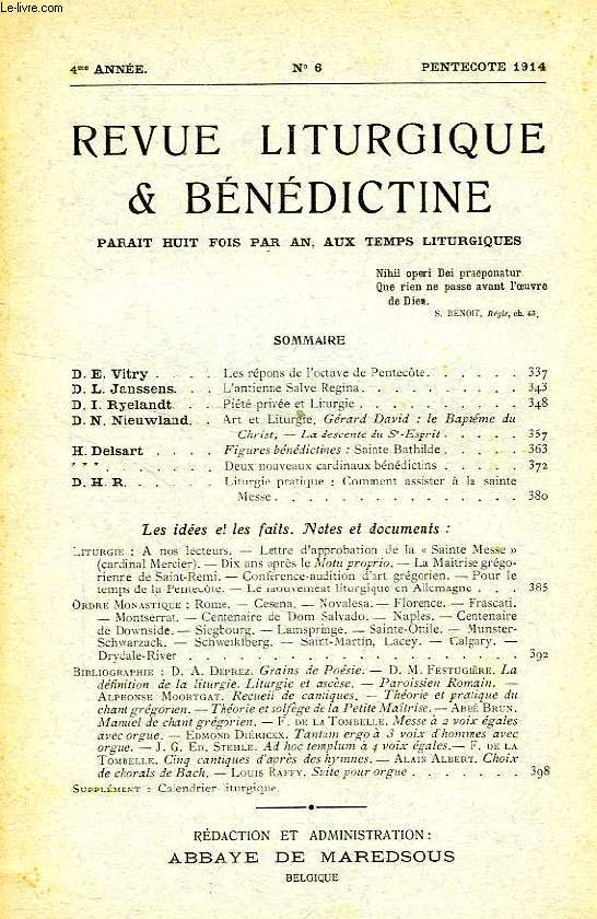 REVUE LITURGIQUE & BENEDICTINE, IIe SERIE, 4e ANNEE, N 6, PENTECOTE 1914