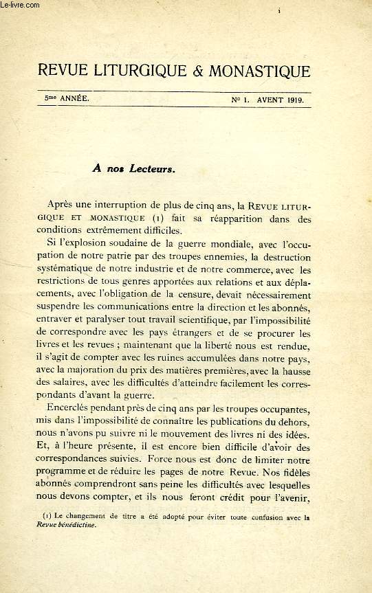 REVUE LITURGIQUE & MONASTIQUE, IIe SERIE, 5e ANNEE, N 1, AVENT 1919