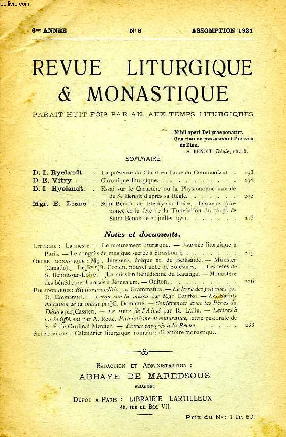 REVUE LITURGIQUE & MONASTIQUE, 6e ANNEE, N 6, ASSOMPTION 1921