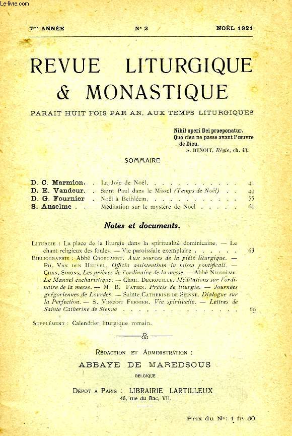 REVUE LITURGIQUE & MONASTIQUE, 7e ANNEE, N 2, NOL 1921