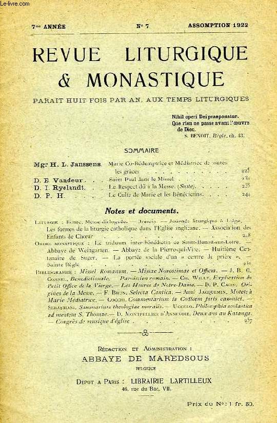 REVUE LITURGIQUE & MONASTIQUE, 7e ANNEE, N 7, ASSOMPTION 1922
