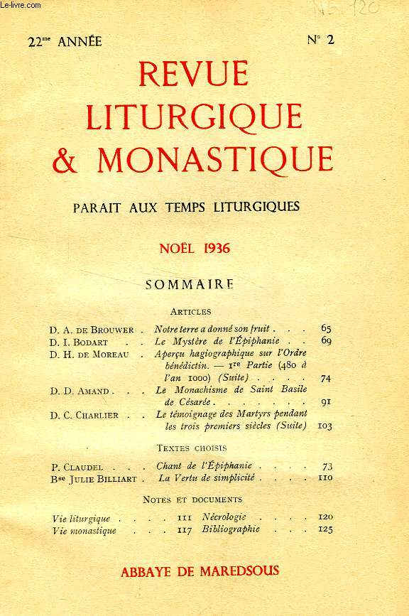 REVUE LITURGIQUE & MONASTIQUE, 22e ANNEE, N 2, NOL 1936