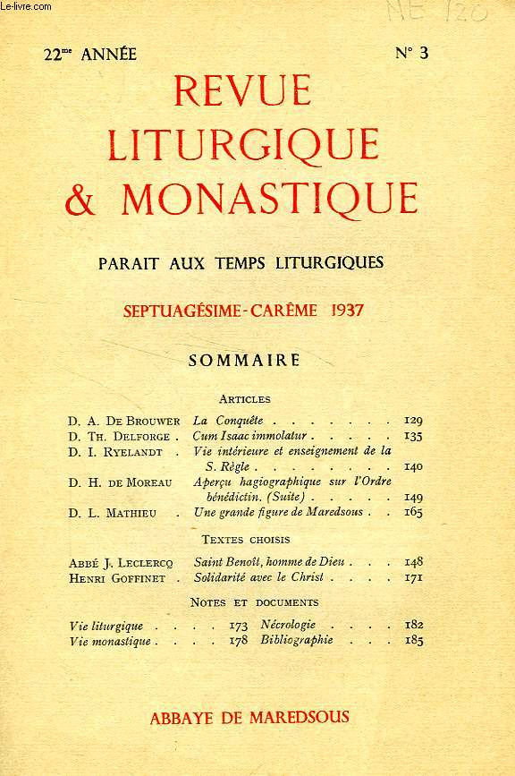 REVUE LITURGIQUE & MONASTIQUE, 22e ANNEE, N 3, SEPTUAGESIME-CARME 1937
