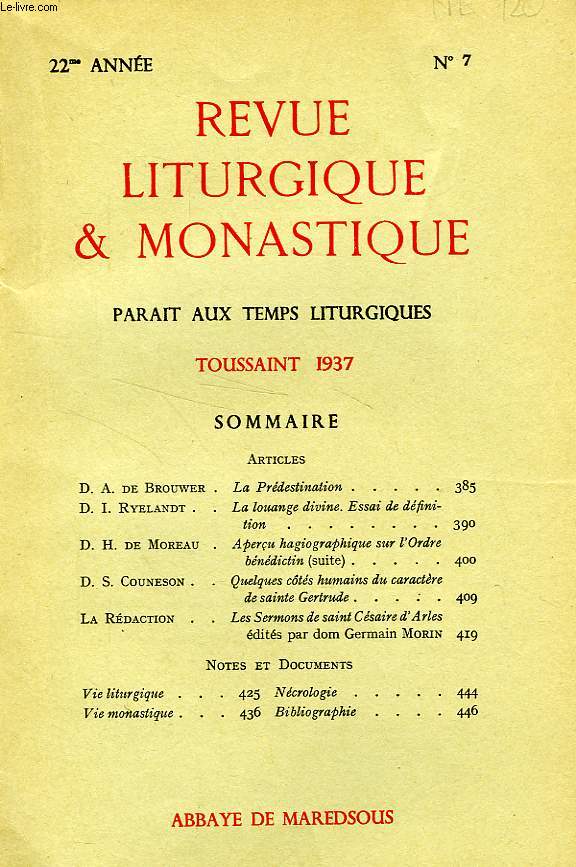REVUE LITURGIQUE & MONASTIQUE, 22e ANNEE, N 7, TOUSSAINT 1937