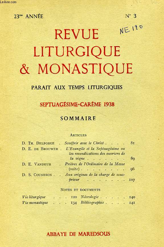 REVUE LITURGIQUE & MONASTIQUE, 23e ANNEE, N 3, SEPTUAGESIME-CAREME 1938