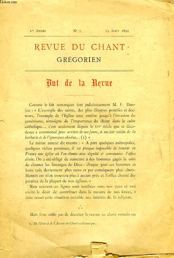 REVUE DU CHANT GREGORIEN, Ire ANNEE, N 1, AOUT 1892