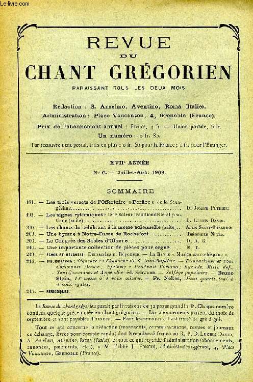 REVUE DU CHANT GREGORIEN, XVIIe ANNEE, N 6, JUILLET-AOUT 1909