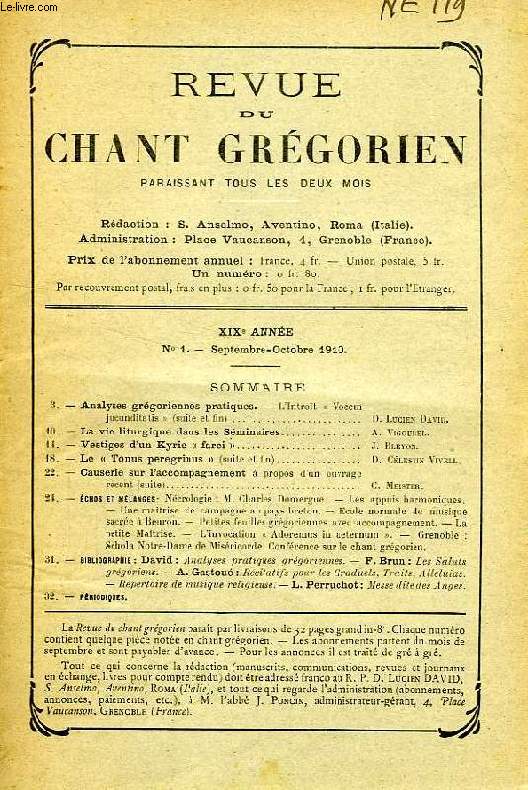 REVUE DU CHANT GREGORIEN, XIXe ANNEE, N 1, SEPT.-OCT. 1910