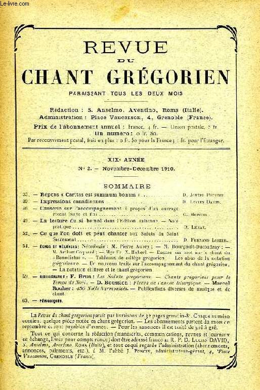 REVUE DU CHANT GREGORIEN, XIXe ANNEE, N 2, NOV.-DEC. 1910