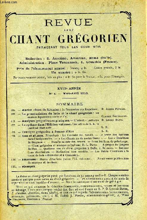 REVUE DU CHANT GREGORIEN, XVIIIe ANNEE, N 4, MARS-AVRIL 1910