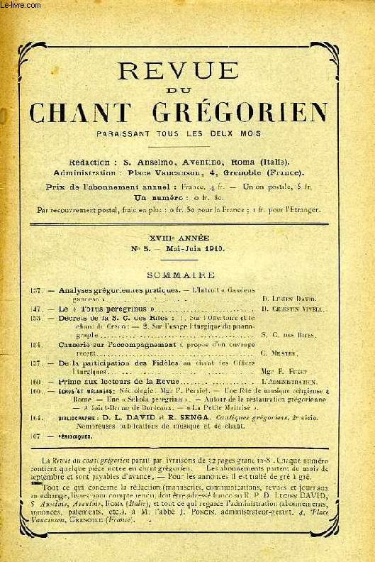 REVUE DU CHANT GREGORIEN, XVIIIe ANNEE, N 5, MAI-JUIN 1910