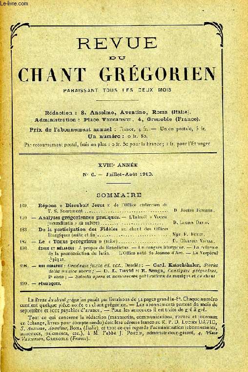 REVUE DU CHANT GREGORIEN, XVIIIe ANNEE, N 6, JUILLET-AOUT 1910