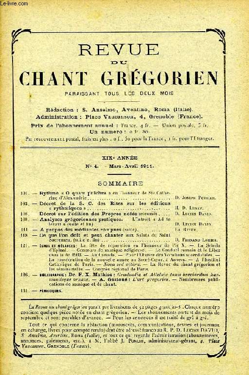 REVUE DU CHANT GREGORIEN, XIXe ANNEE, N 4, MARS-AVRIL 1911