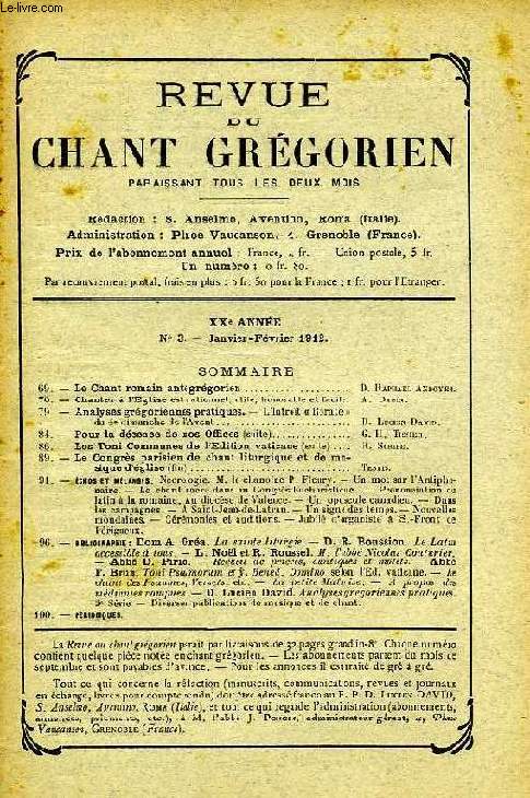 REVUE DU CHANT GREGORIEN, XXe ANNEE, N 3, JAN.-FEV. 1912